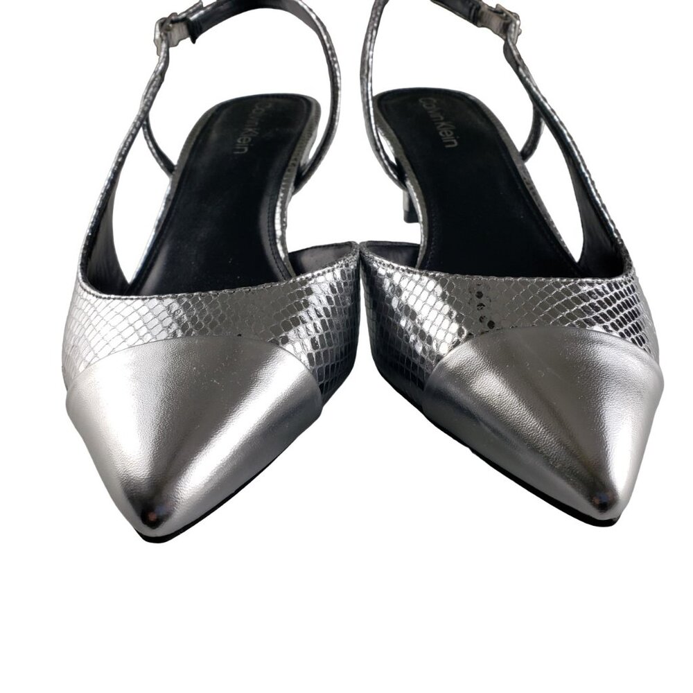 Calvin Klein Slingback Silver 2” Heels 9 Pointy Toe Worn Once Like New Condition - Picture 4 of 10
